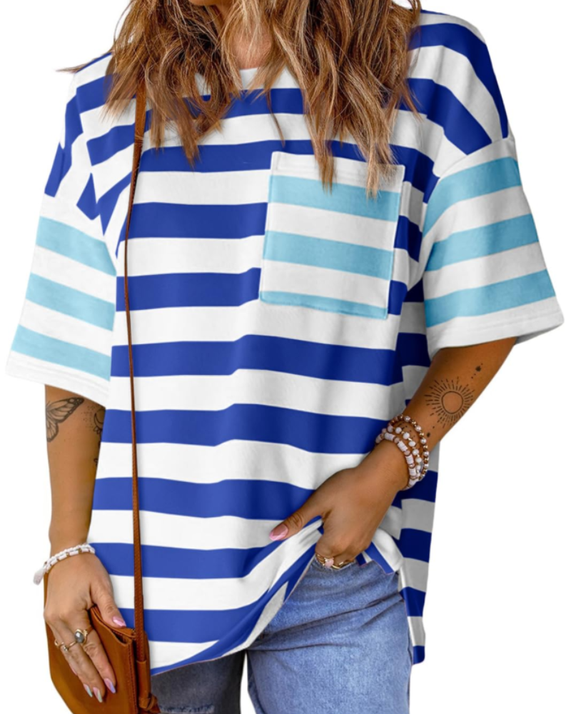 Avery Women’s Striped T-Shirt – Oversized Color Block Short Sleeve Tee