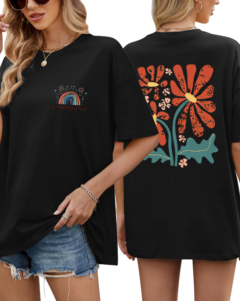 Monica Women's Oversized Graphic Tee – 100% Cotton Rainbow Floral Casual T-Shirt