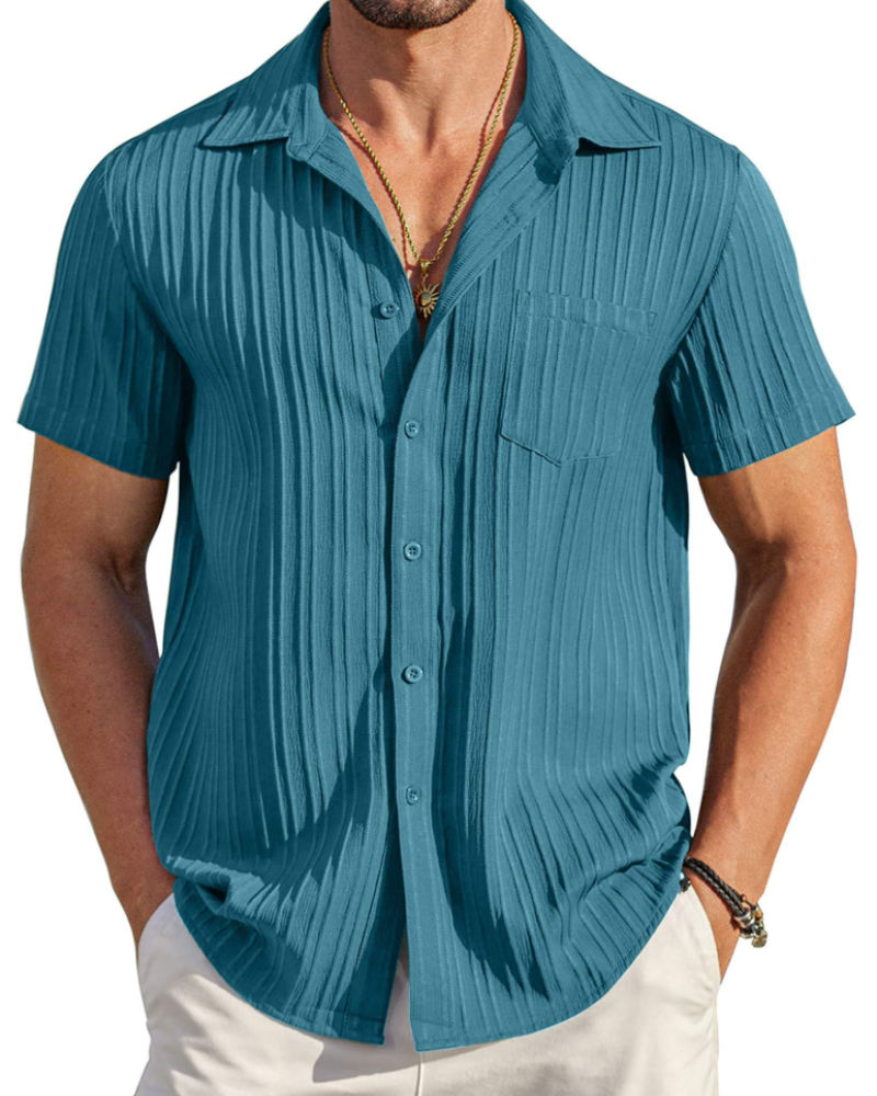 Lucas Men’s Cuban Shirt – Textured Short Sleeve Button-Down Summer Shirt