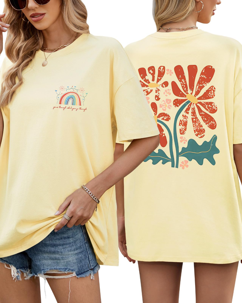 Monica Women's Oversized Graphic Tee – 100% Cotton Rainbow Floral Casual T-Shirt