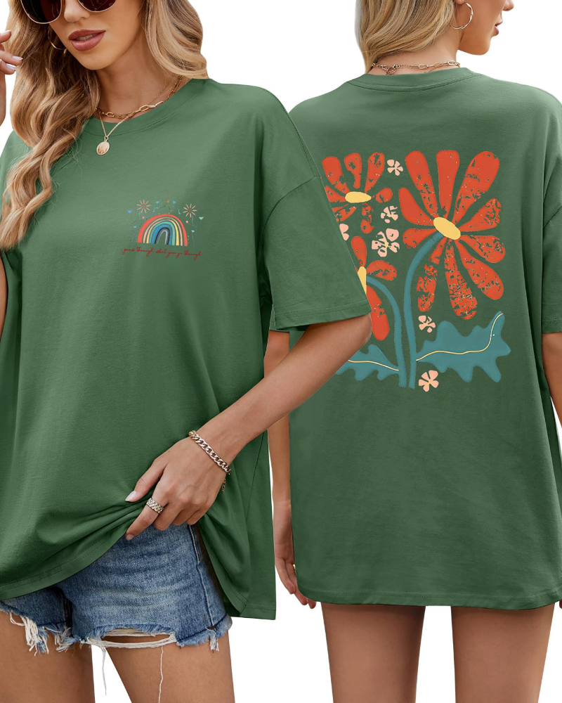 Monica Women's Oversized Graphic Tee – 100% Cotton Rainbow Floral Casual T-Shirt