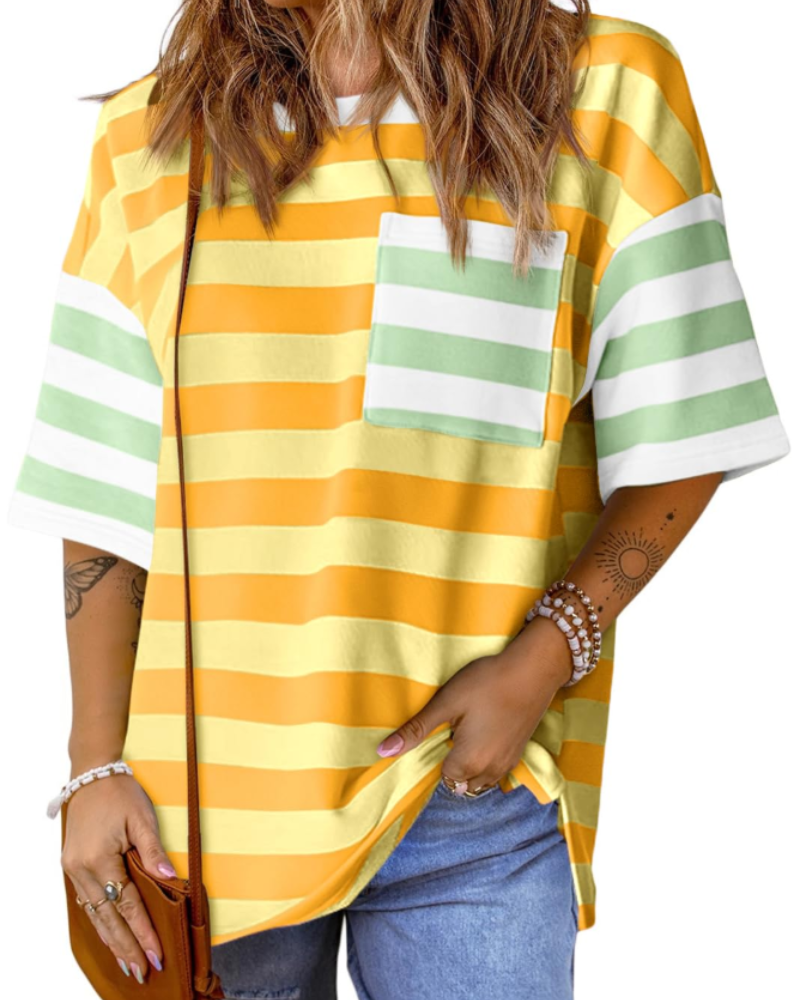 Avery Women’s Striped T-Shirt – Oversized Color Block Short Sleeve Tee
