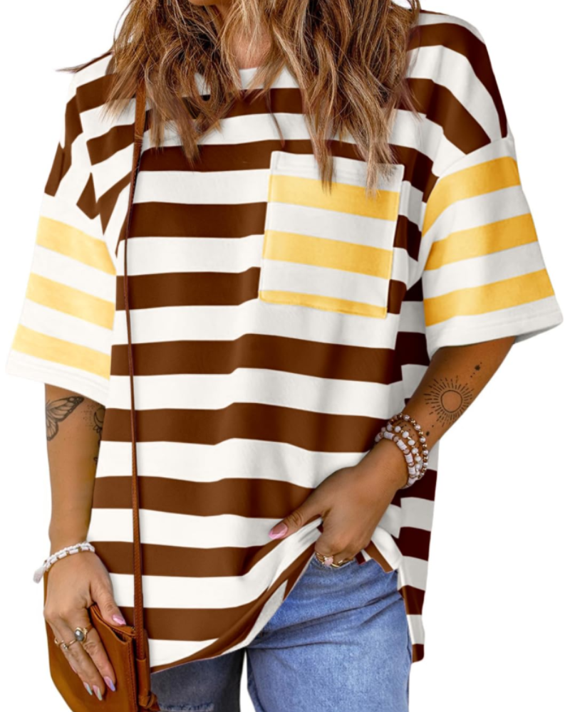 Avery Women’s Striped T-Shirt – Oversized Color Block Short Sleeve Tee