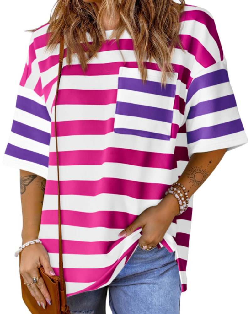 Avery Women’s Striped T-Shirt – Oversized Color Block Short Sleeve Tee