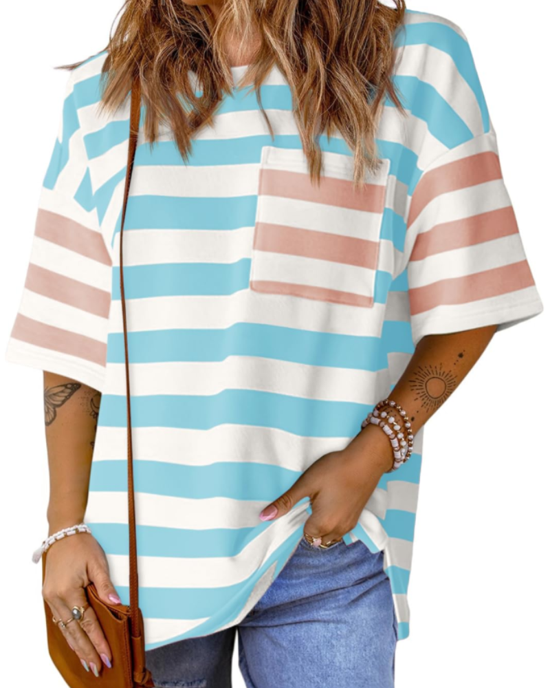 Avery Women’s Striped T-Shirt – Oversized Color Block Short Sleeve Tee