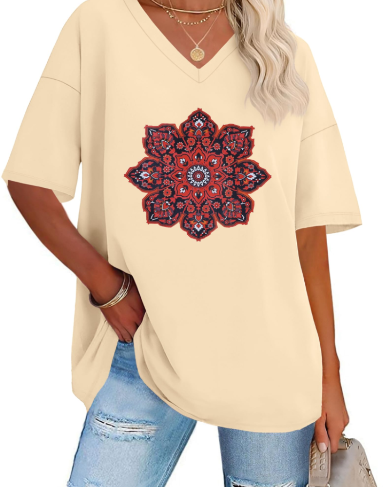 Megan Women’s Oversized Graphic Tee – V-Neck Loose Fit Casual T-Shirt
