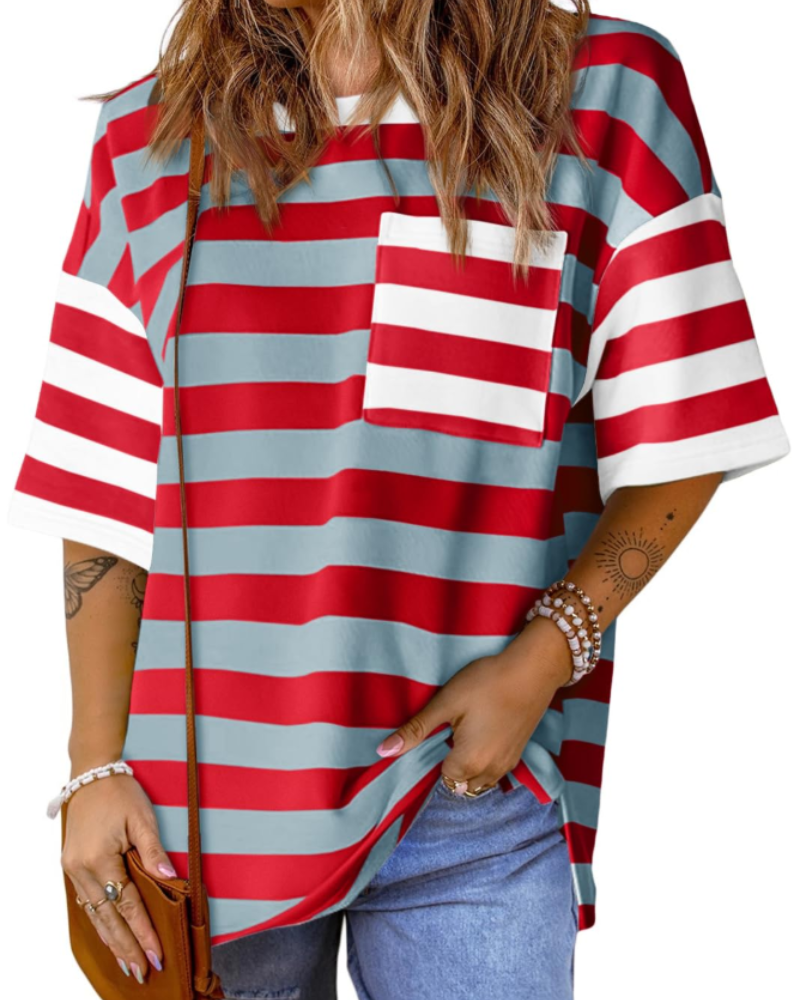 Avery Women’s Striped T-Shirt – Oversized Color Block Short Sleeve Tee