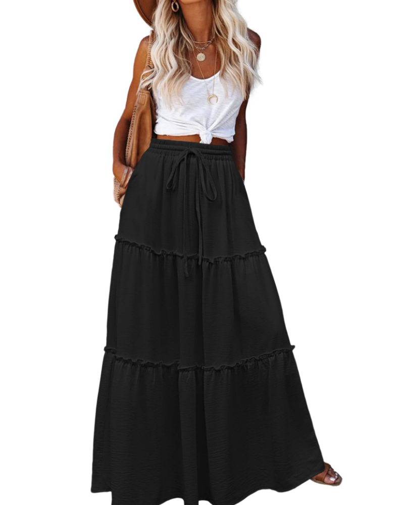Avery Women’s Maxi Skirt – High Waist Tiered A-Line Skirt with Flared Hem