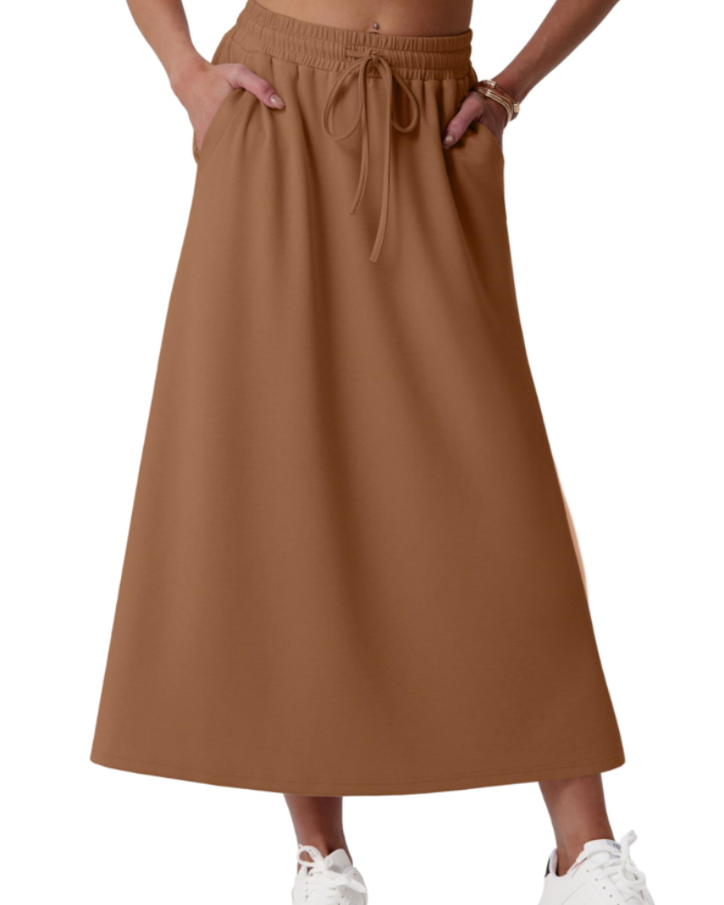 Elena Women’s Maxi Skirt – A-Line Drawstring Skirt with Pockets