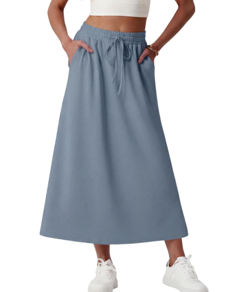 Elena Women’s Maxi Skirt – A-Line Drawstring Skirt with Pockets