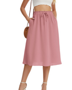 Chloe Women’s Midi Skirt – Linen-Look A-Line Skirt with Drawstring & Pockets