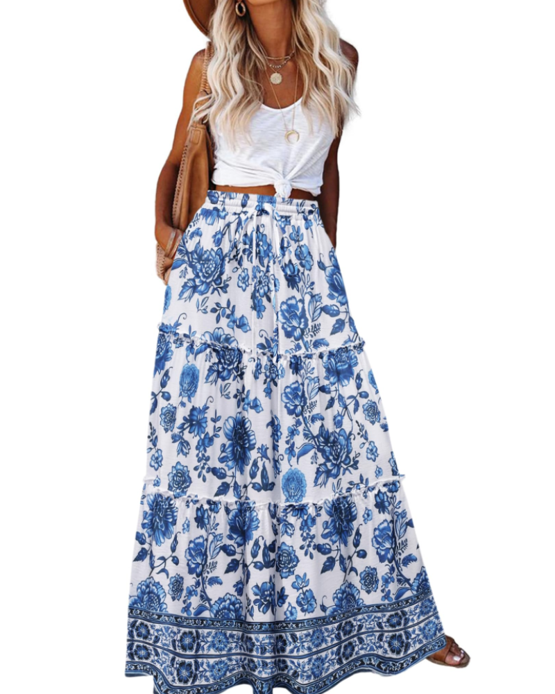 Avery Women’s Maxi Skirt – High Waist Tiered A-Line Skirt with Flared Hem