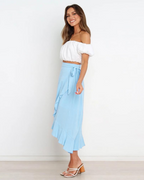 Olivia Women’s Wrap Skirt – High Waist Asymmetrical Ruffle Midi Skirt