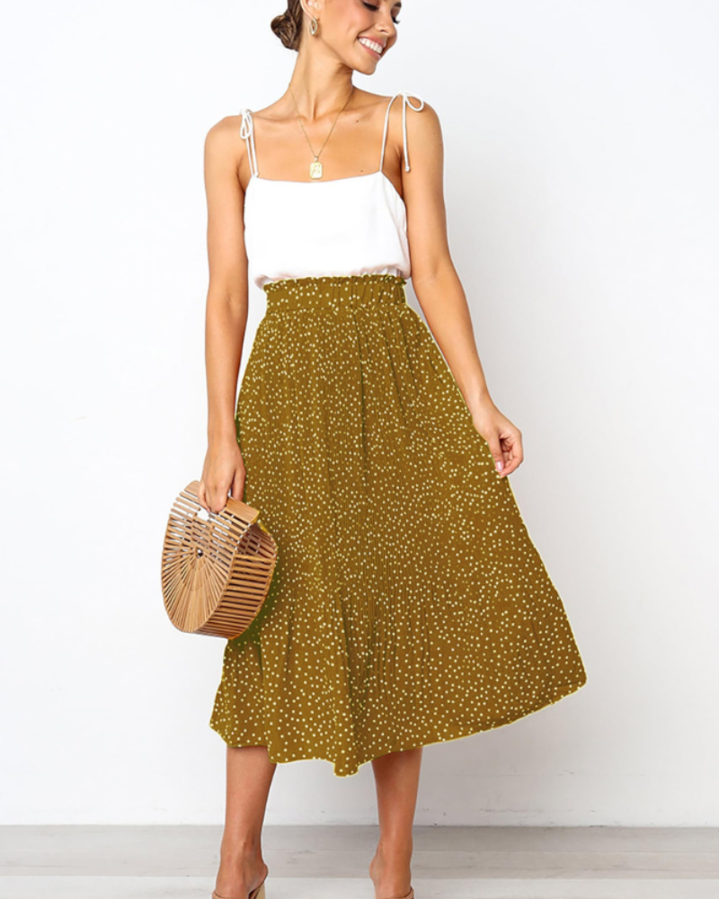 Paige Women’s Pleated Midi Skirt – Polka Dot Skirt with Elastic Waist & Pockets