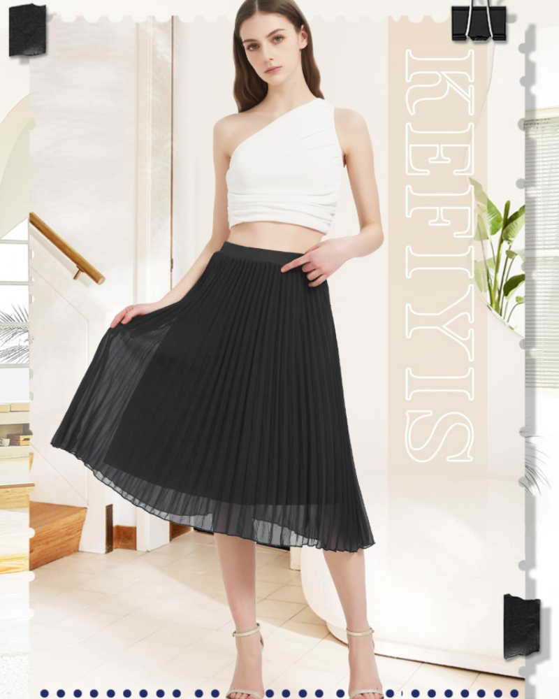 Emma Women’s Pleated Maxi Skirt – Chiffon A-Line Skirt with Elastic High Waist