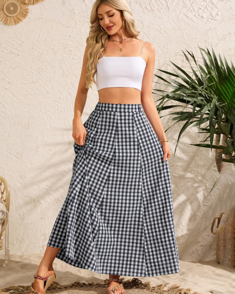 Hailey Women’s Maxi Skirt – Checked A-Line Pleated Skirt with Pockets
