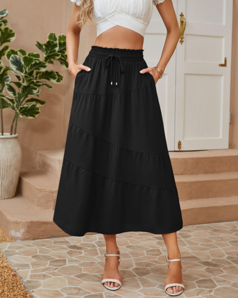 Scarlett Women’s Maxi Skirt – Boho Tiered A-Line Skirt with Pockets