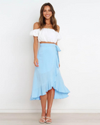 Olivia Women’s Wrap Skirt – High Waist Asymmetrical Ruffle Midi Skirt