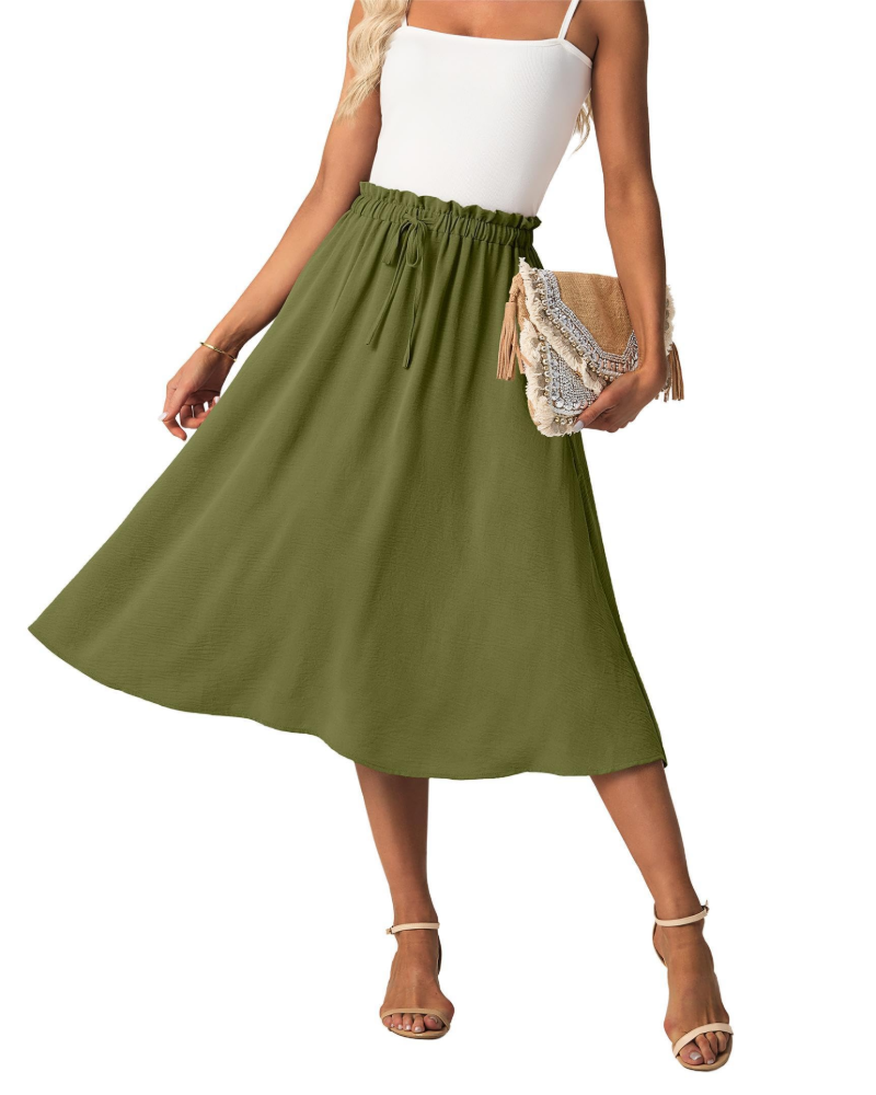 Elena Women’s A-Line Midi Skirt – Linen-Feel Drawstring Summer Skirt