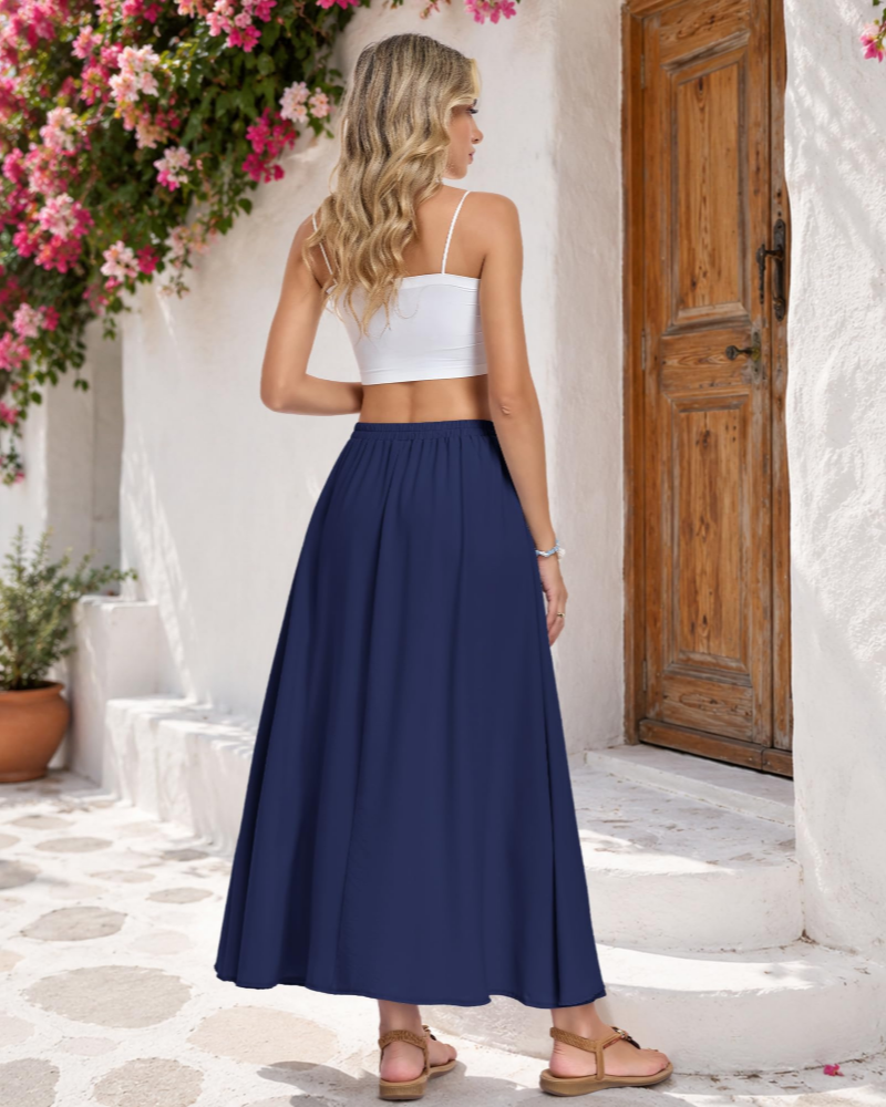 Naomi Women’s Maxi Skirt – High Waist A-Line Drawstring Skirt with Pockets