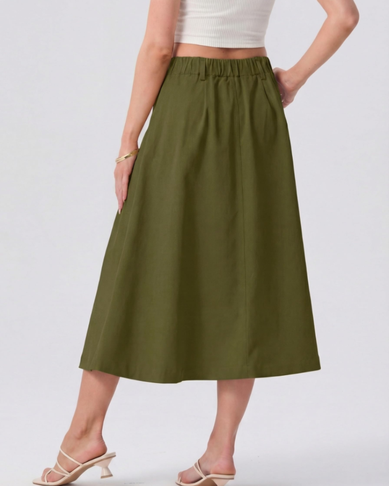 Mila Women’s Utility Midi Skirt – High Waist Button Skirt with Pockets