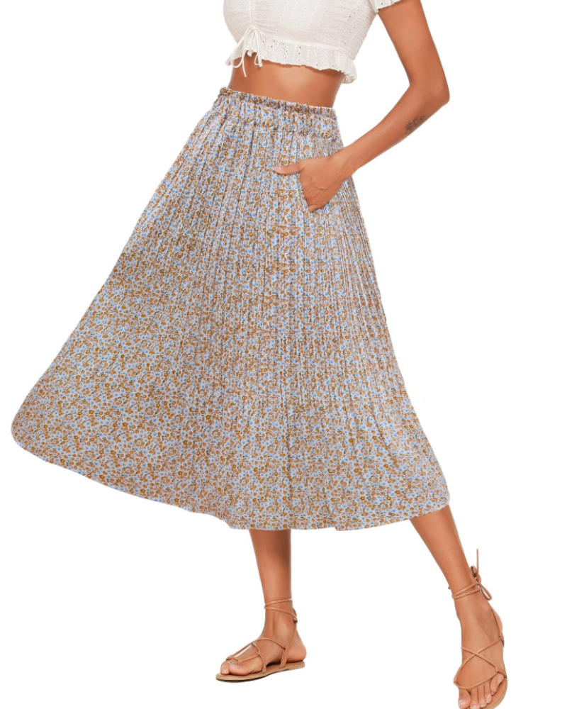 Stella Women’s Pleated Midi Skirt – Polka Dot Chiffon Skirt with Pockets