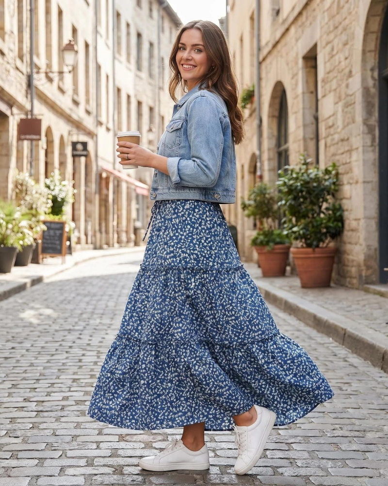 Ruby Women’s Maxi Skirt – Floral Boho High Waist Tiered A-Line Skirt
