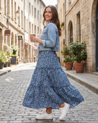 Ruby Women’s Maxi Skirt – Floral Boho High Waist Tiered A-Line Skirt