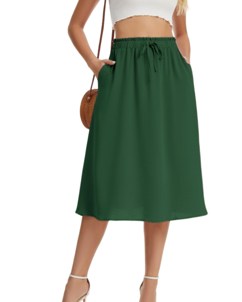 Chloe Women’s Midi Skirt – Linen-Look A-Line Skirt with Drawstring & Pockets
