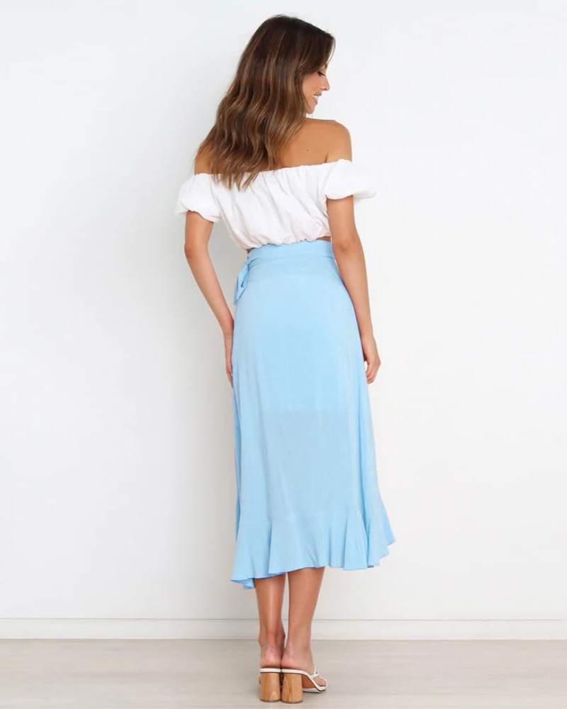Olivia Women’s Wrap Skirt – High Waist Asymmetrical Ruffle Midi Skirt