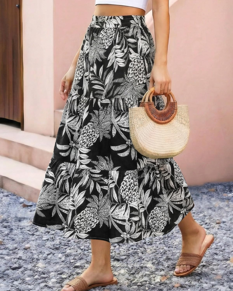 Juliet Women’s Midi Skirt – Floral A-Line Calf-Length Skirt with Elastic Waist
