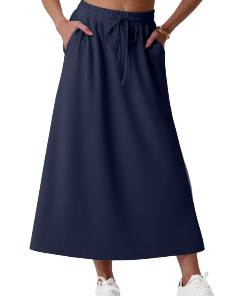 Elena Women’s Maxi Skirt – A-Line Drawstring Skirt with Pockets