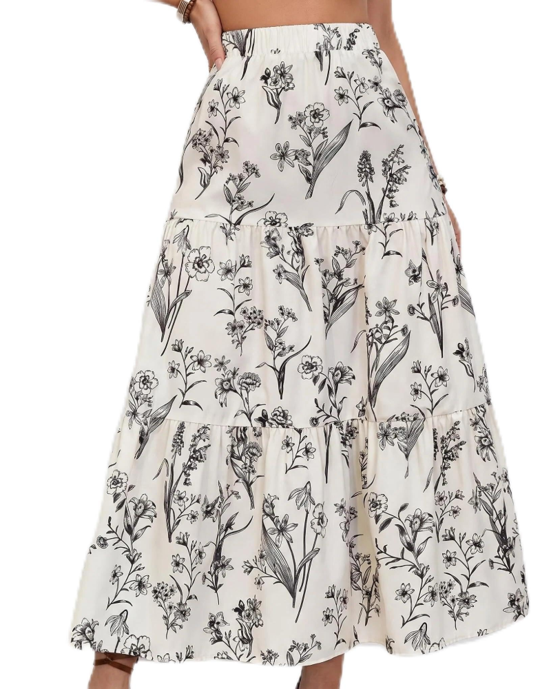 Ruby Women’s Maxi Skirt – Floral Boho High Waist Tiered A-Line Skirt