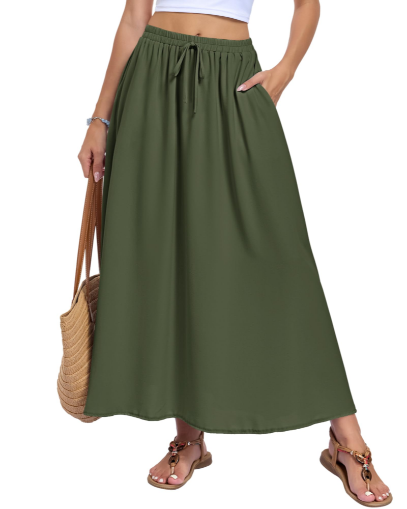 Naomi Women’s Maxi Skirt – High Waist A-Line Drawstring Skirt with Pockets