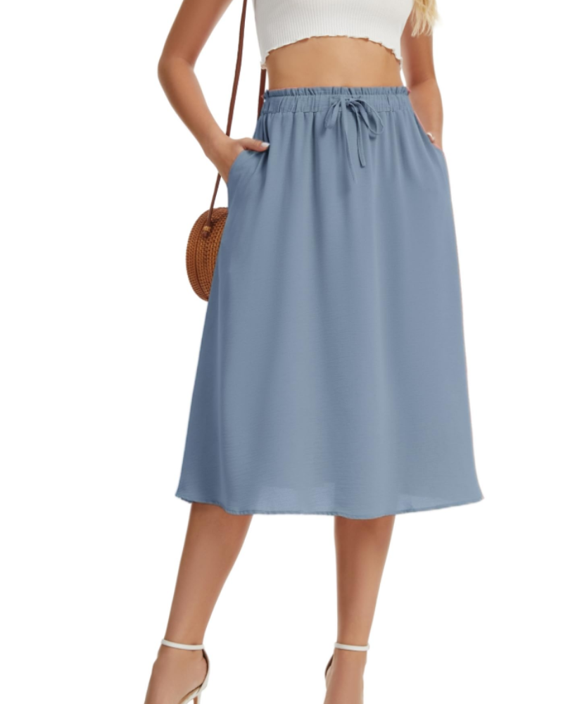 Chloe Women’s Midi Skirt – Linen-Look A-Line Skirt with Drawstring & Pockets