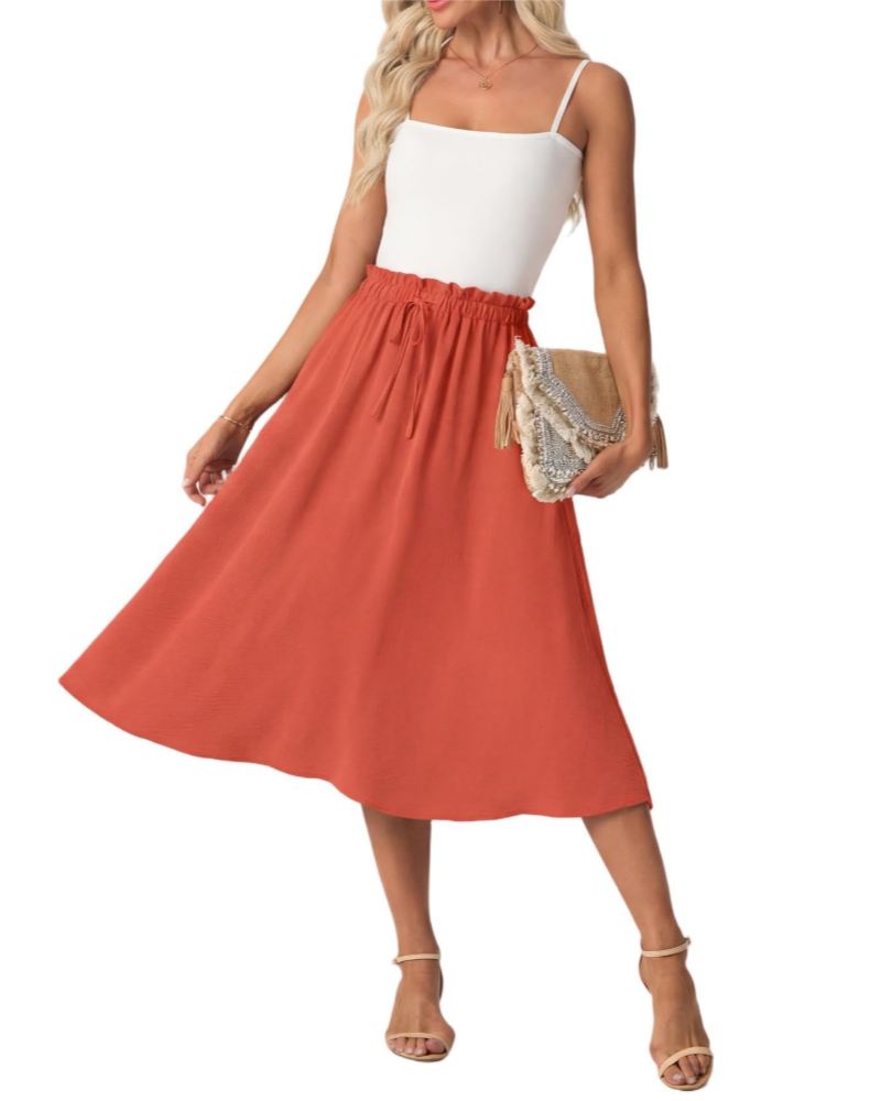 Elena Women’s A-Line Midi Skirt – Linen-Feel Drawstring Summer Skirt