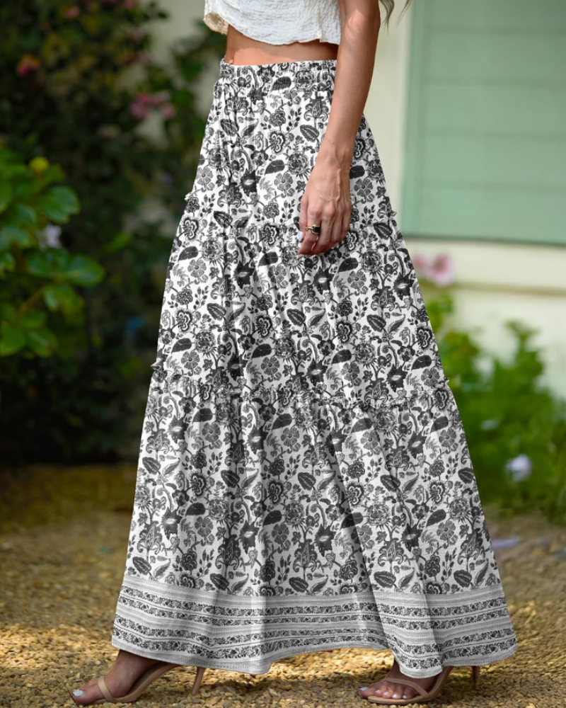 Penelope Women’s Maxi Skirt – Boho Floral High Waist Skirt with Pockets