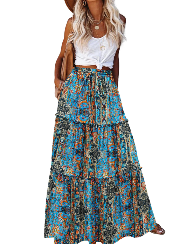 Avery Women’s Maxi Skirt – High Waist Tiered A-Line Skirt with Flared Hem