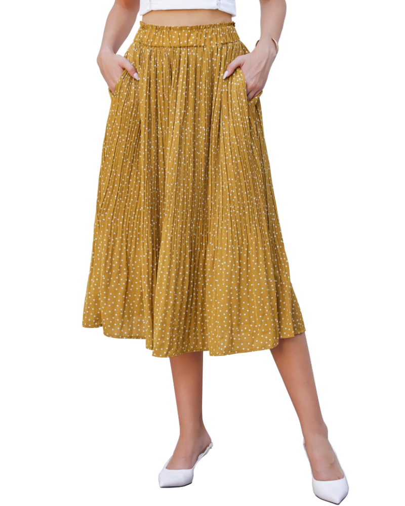 Stella Women’s Pleated Midi Skirt – Polka Dot Chiffon Skirt with Pockets