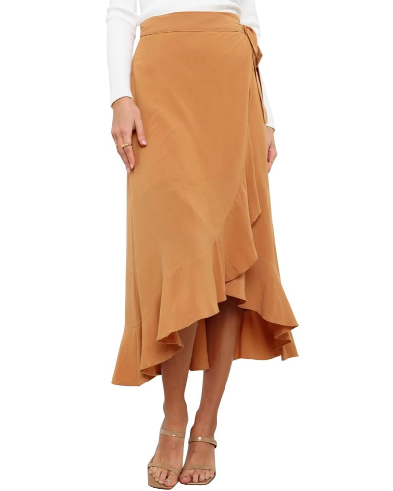 Olivia Women’s Wrap Skirt – High Waist Asymmetrical Ruffle Midi Skirt