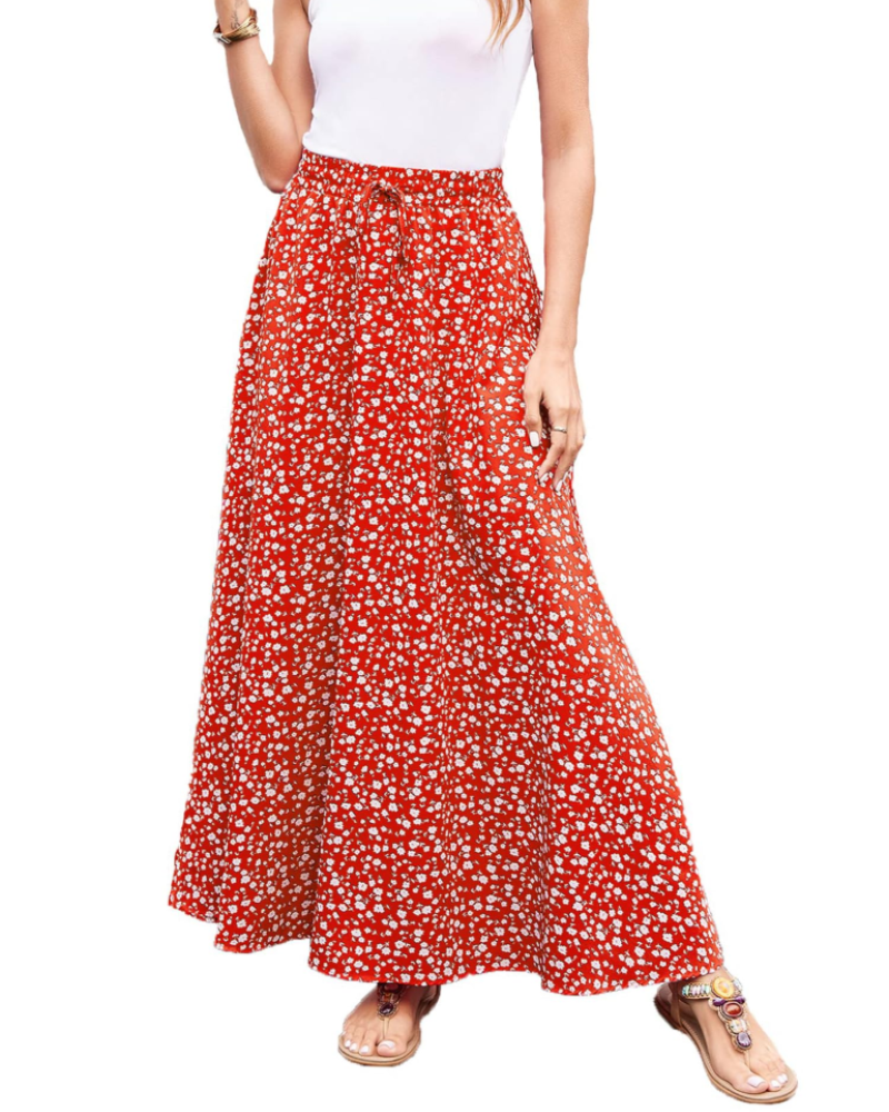 Camila Women’s Maxi Skirt – Boho Floral A-Line Skirt with Drawstring Waist