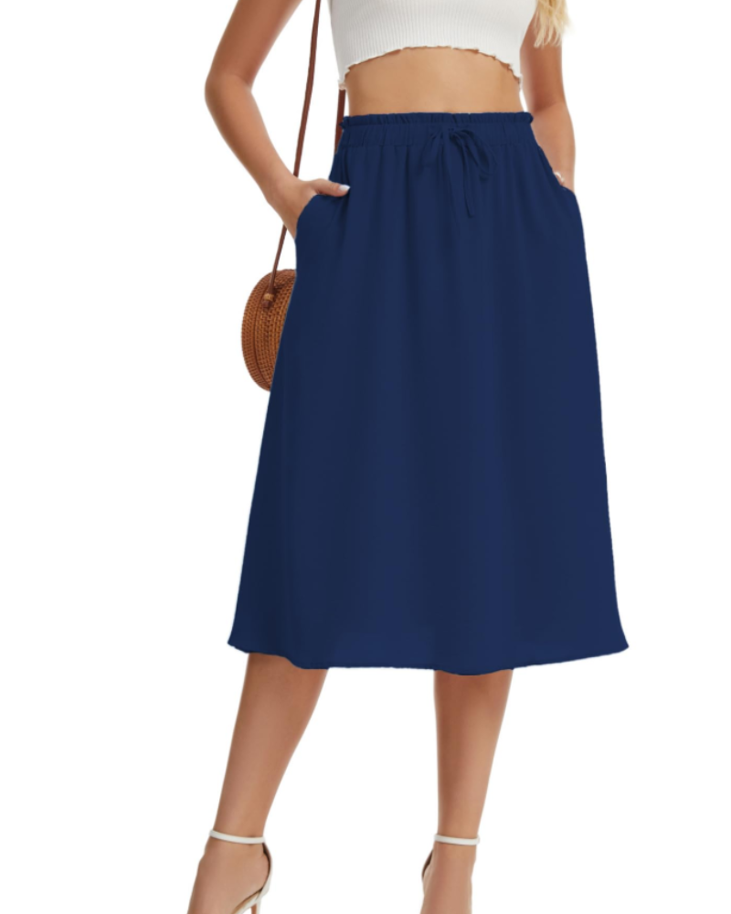 Chloe Women’s Midi Skirt – Linen-Look A-Line Skirt with Drawstring & Pockets
