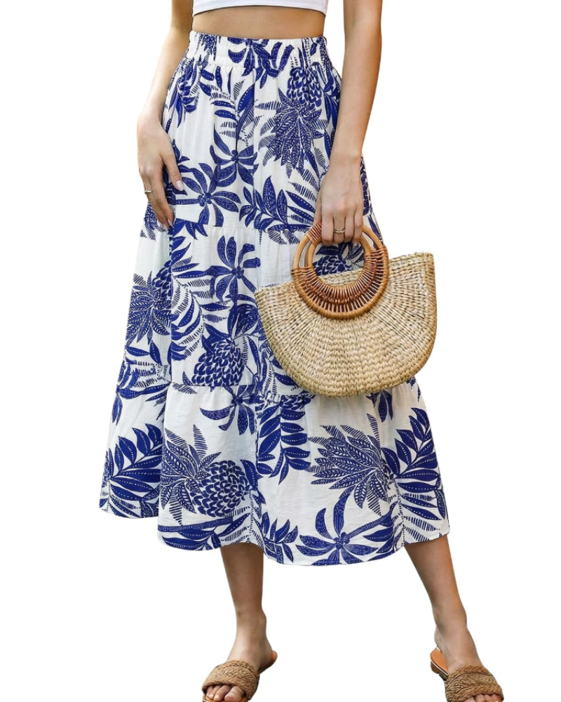 Juliet Women’s Midi Skirt – Floral A-Line Calf-Length Skirt with Elastic Waist