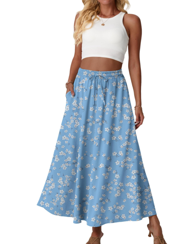 Eleanor Women’s Maxi Skirt – Floral High Waist A-Line Skirt with Pockets
