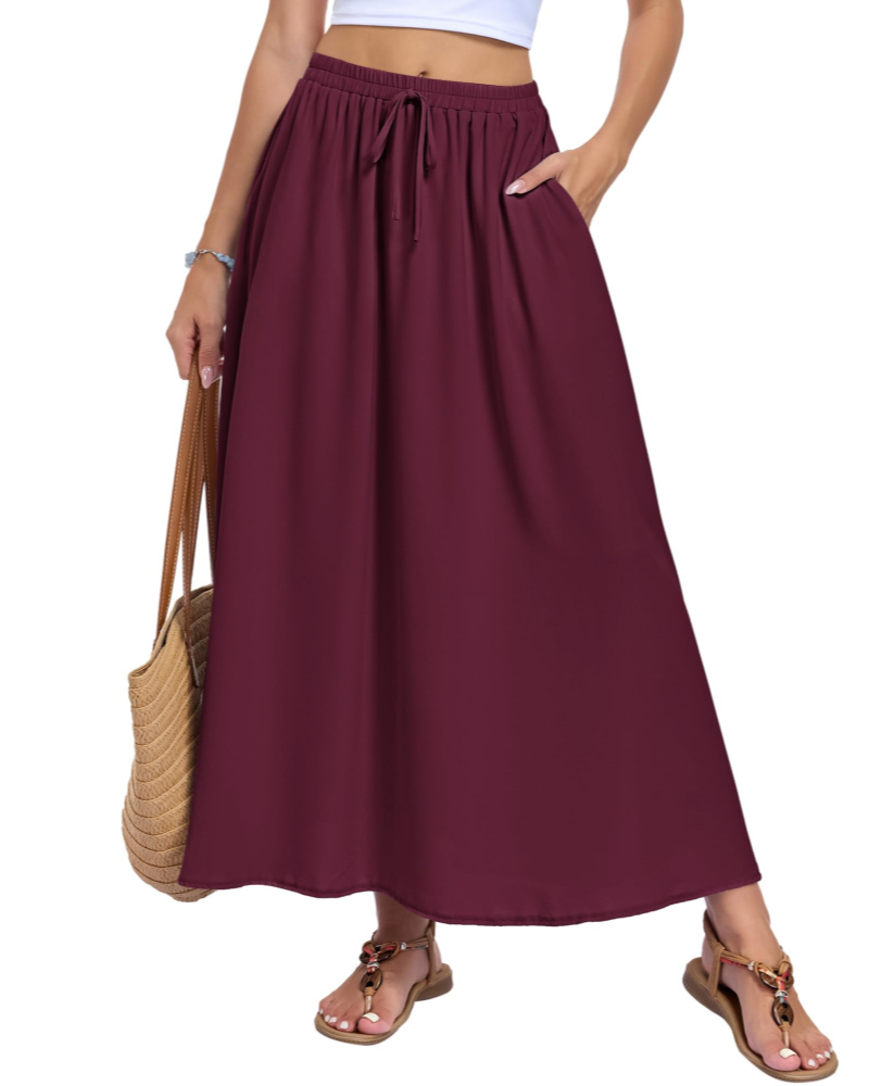 Naomi Women’s Maxi Skirt – High Waist A-Line Drawstring Skirt with Pockets