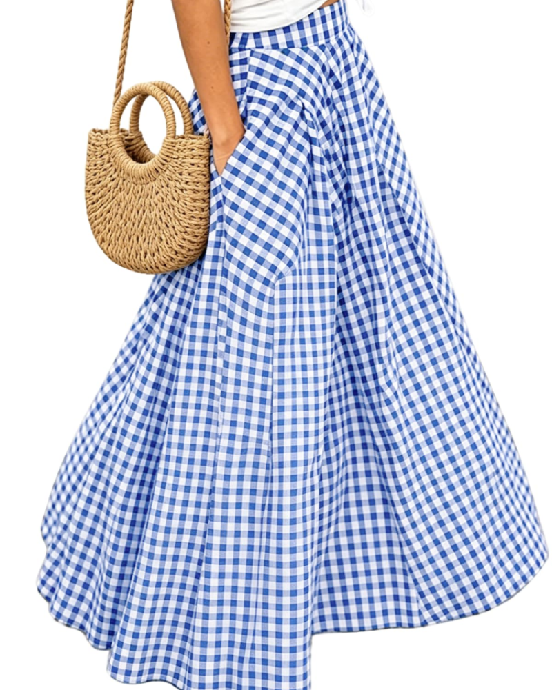 Hailey Women’s Maxi Skirt – Checked A-Line Pleated Skirt with Pockets