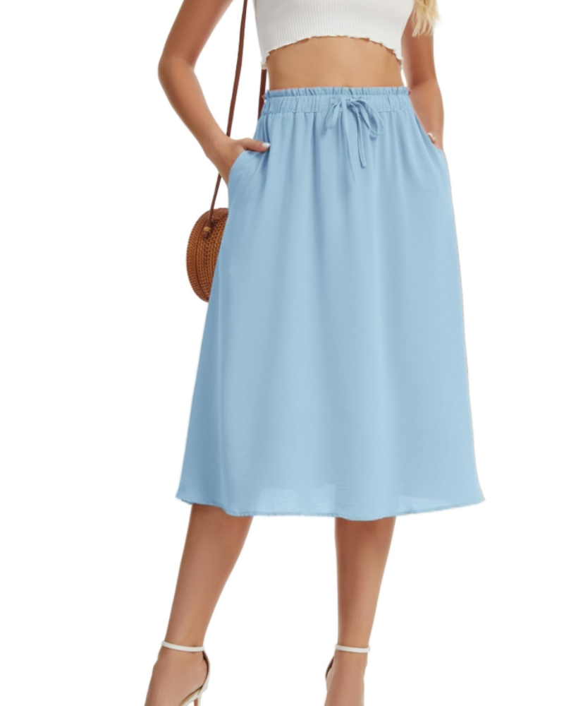 Chloe Women’s Midi Skirt – Linen-Look A-Line Skirt with Drawstring & Pockets