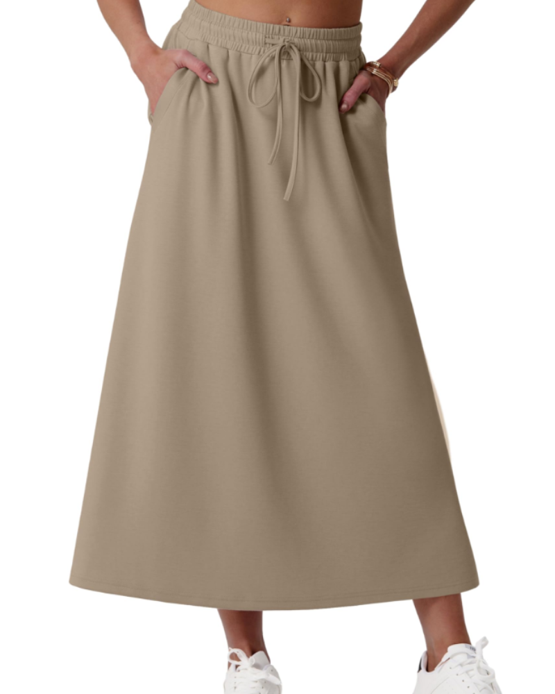 Elena Women’s Maxi Skirt – A-Line Drawstring Skirt with Pockets