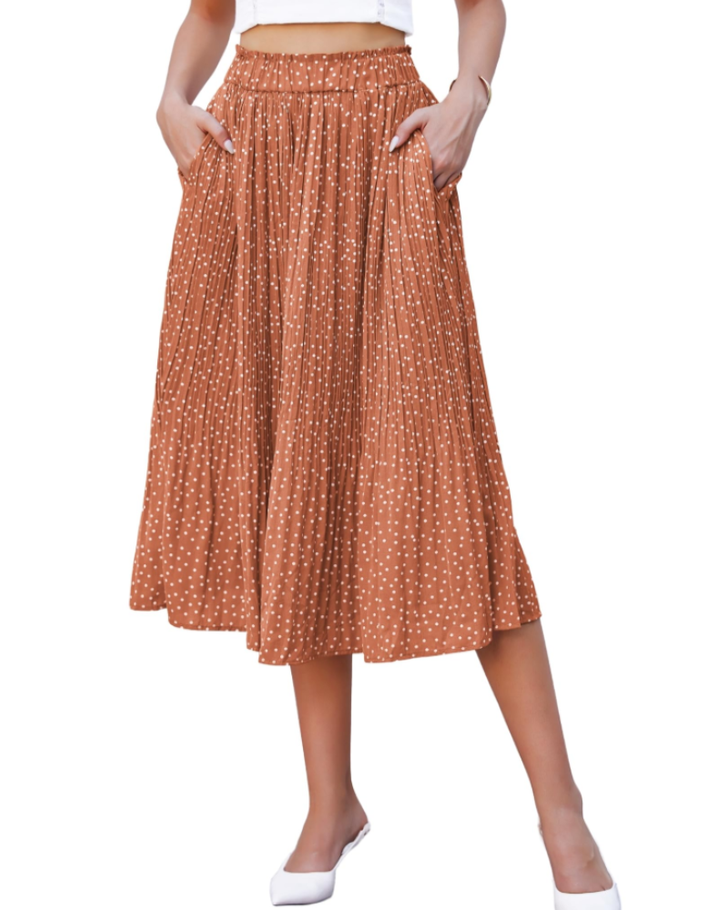 Stella Women’s Pleated Midi Skirt – Polka Dot Chiffon Skirt with Pockets