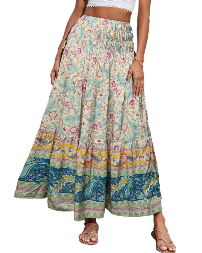 Bianca Women’s Plus Size Maxi Skirt – Boho Floral High Waist Ruffle Skirt